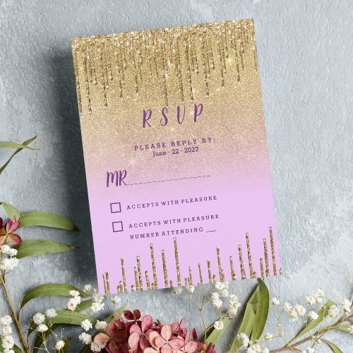 Lavender gold glitter ombre drips luxury RSVP  Invitation