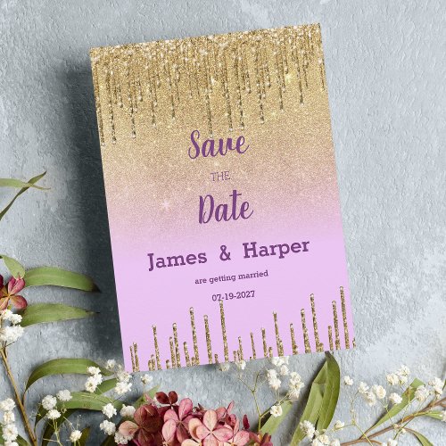 Lavender gold glitter ombre drips Save the Date Invitation