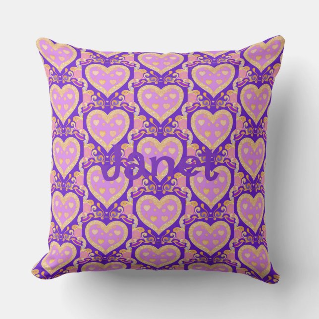 Lavender Gold Hearts  Throw Pillow (Front)