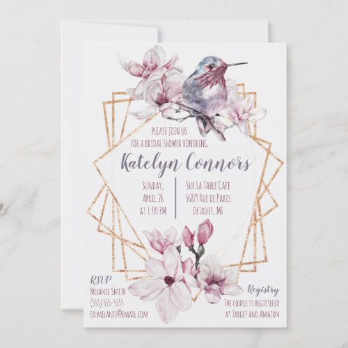 Lavender  Gold Hummingbird Themed Bridal Shower Invitation