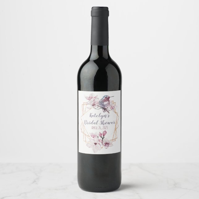 Lavender & Gold Hummingbird Themed Bridal Shower Wine Label (Front)