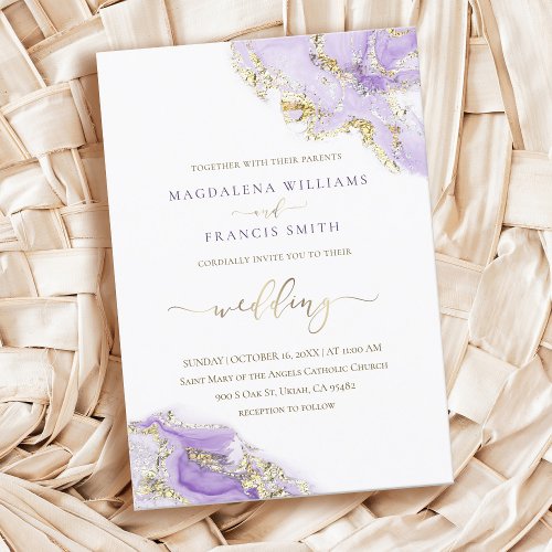 lavender gold ink fluid marble wedding invitation