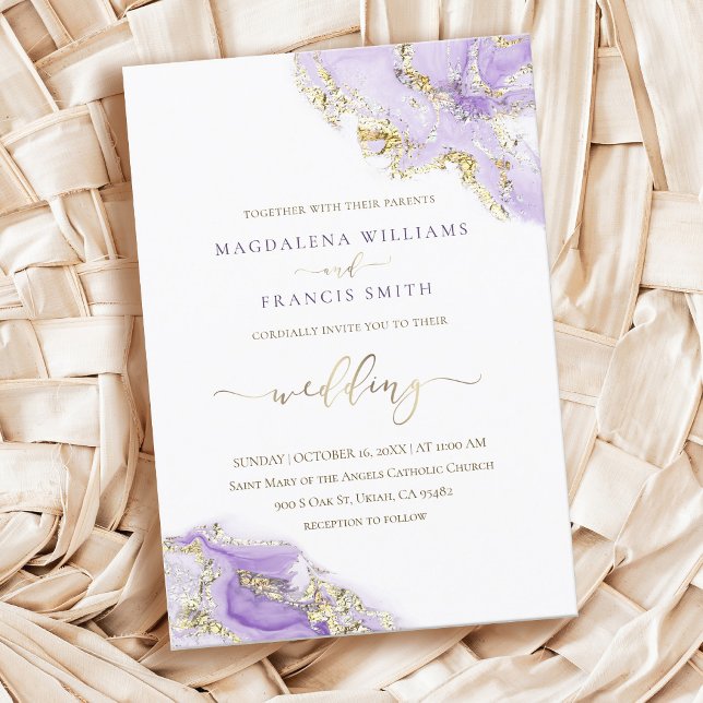 lavender gold ink fluid marble wedding invitation (Creator Uploaded)