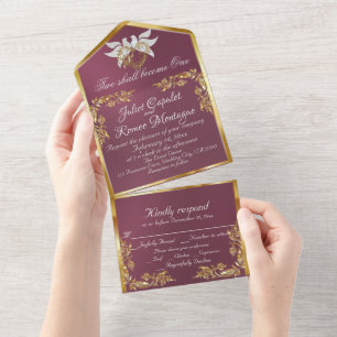 Lavender, Gold Leaves, Doves & Heart All In One Invitation