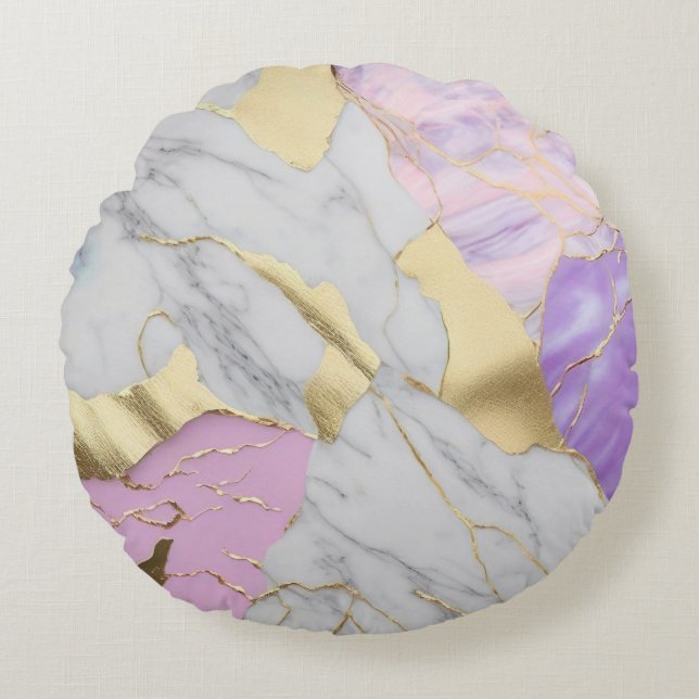 Lavender & Gold Marble Luxe Round Pillow (Front)