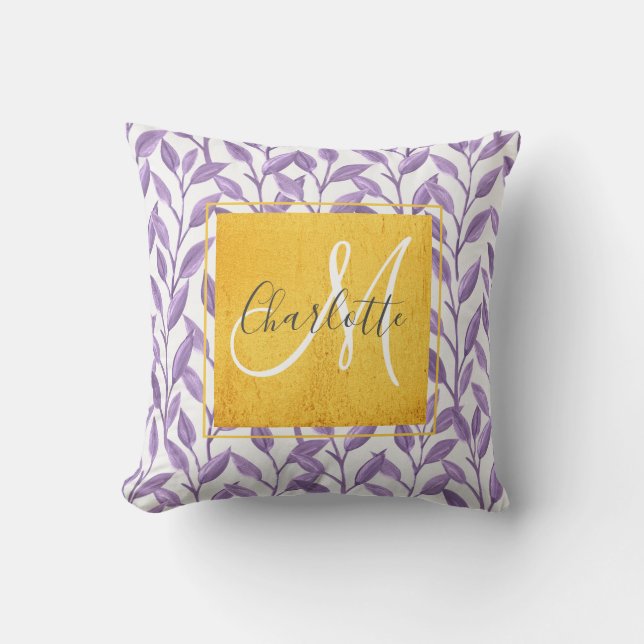 Lavender gold pretty floral monogram throw pillow (Front)