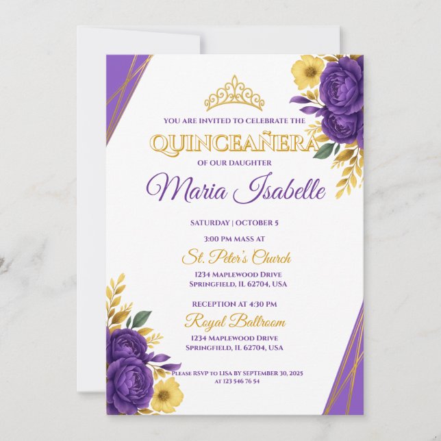 Lavender & Gold Quinceañera Invitation (Front)
