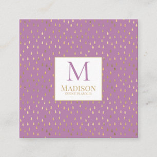 Lavender Gold Raindrop Modern Trendy Monogram Square Business Card