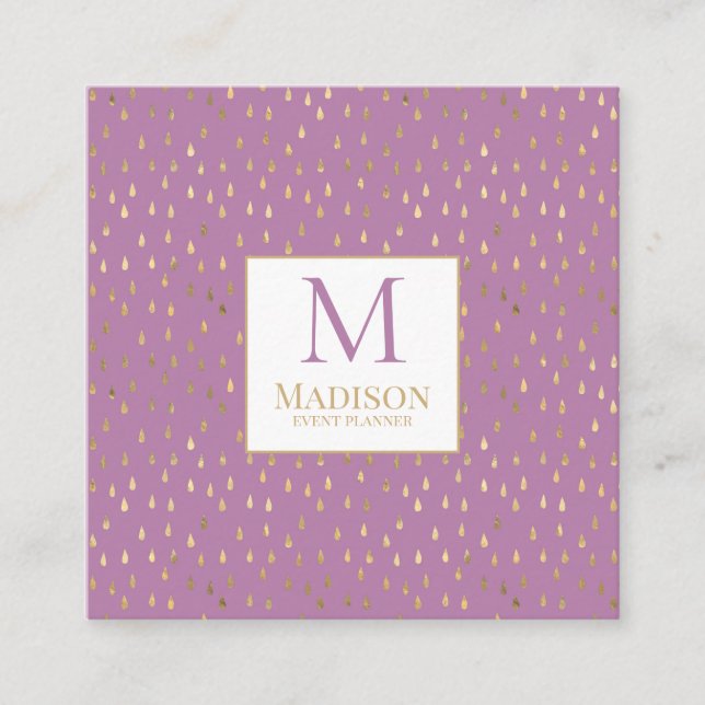 Lavender Gold Raindrop Modern Trendy Monogram Square Business Card (Front)