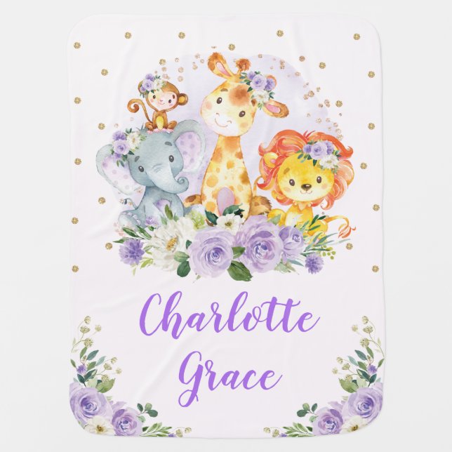 Lavender Gold Roses Jungle Safari Animals Nursery Baby Blanket (Front)
