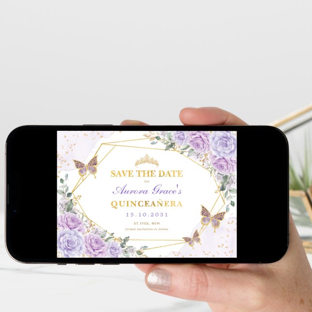 Lavender Gold Roses Quinceanera Save the Date Announcement (Front Digital)