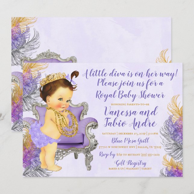 Lavender Gold Silver Watercolor Baby Shower Invitation (Front/Back)