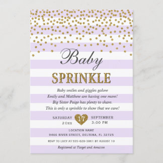 Lavender Gold Stripe Confetti Baby Girl Sprinkle Invitation