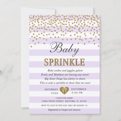 Lavender Gold Stripe Confetti Baby Girl Sprinkle Invitation