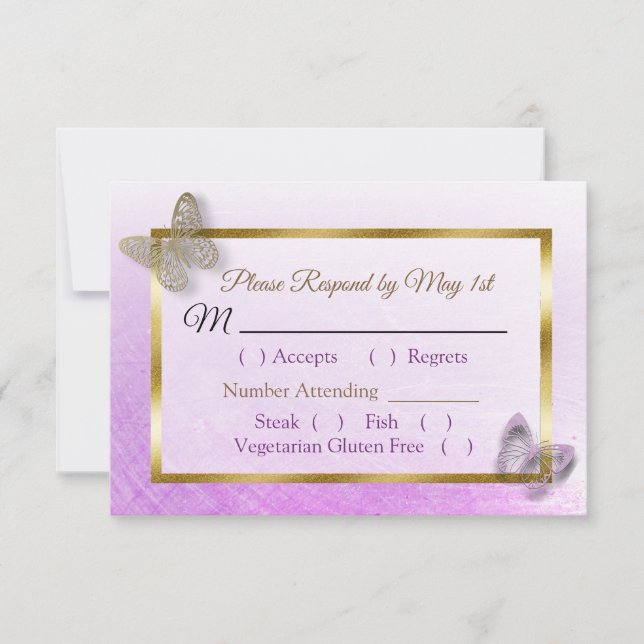 Lavender Gold Striped Butterfly Wedding RSVP card (Front)