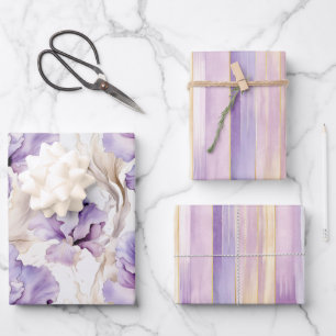 Lavender Gold Stripes Iris Flowers Bridal Shower Wrapping Paper Sheets