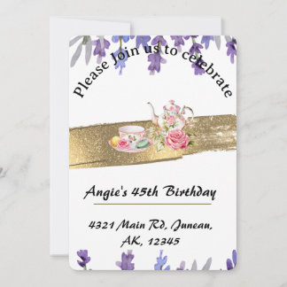 Lavender gold teapot flowers birthday party invi invitation