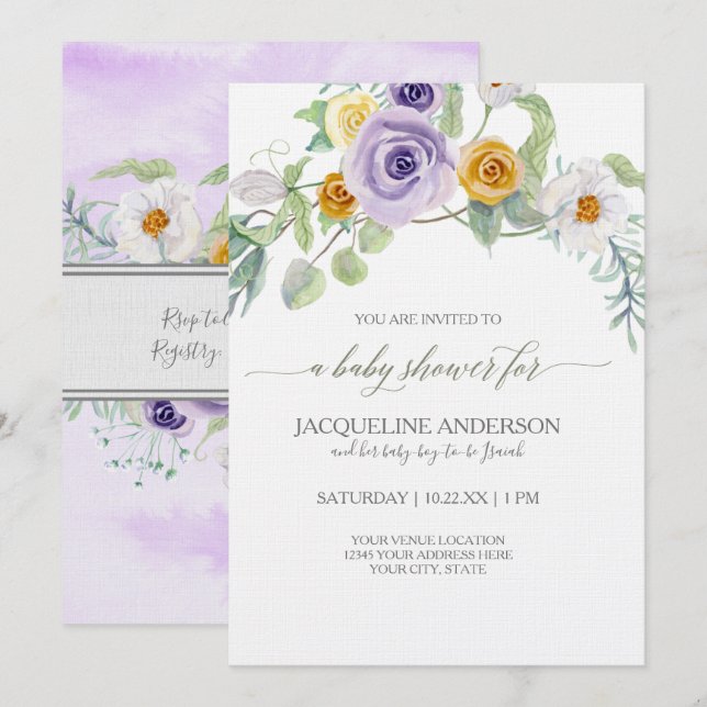 Lavender Golden Amber Rose Floral Baby Shower Girl Invitation (Front/Back)
