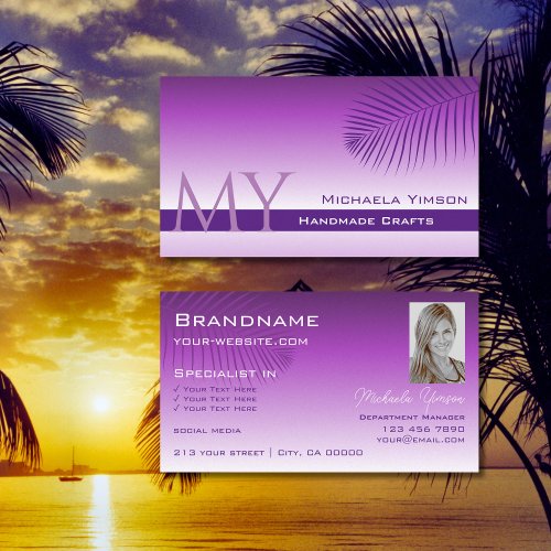 Lavender Gradient Palm Leaf Monogram and Photo Business Card