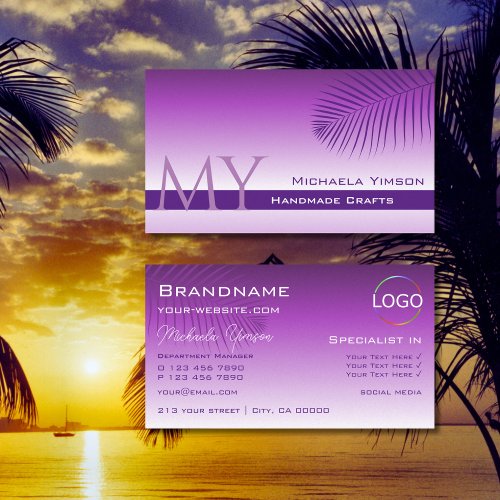 Lavender Gradient Palm Leaf with Monogram and Logo Business Card