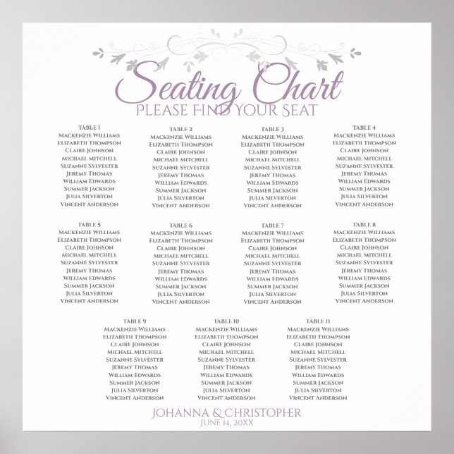 Lavender & Gray 11 Table Wedding Seating Chart (Front)
