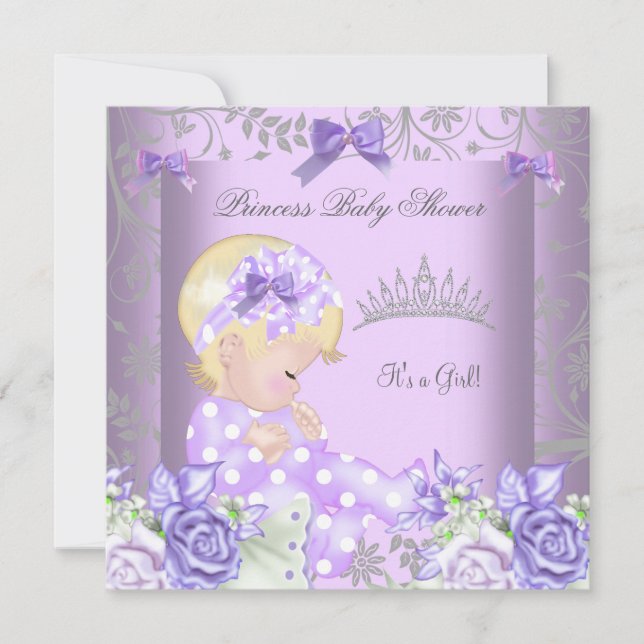 Lavender Gray Baby Shower Blonde Girl Floral Invitation (Front)