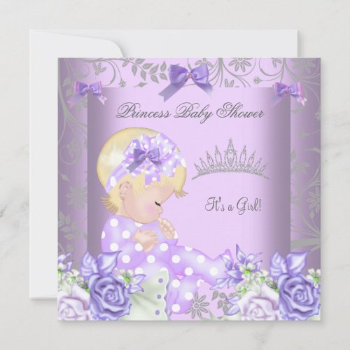 Lavender Gray Baby Shower Blonde Girl Floral Invitation