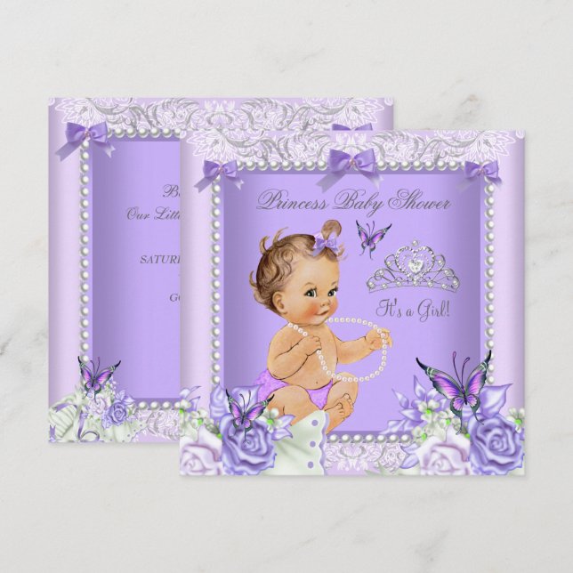 Lavender Gray Baby Shower Girl Brunette Invitation (Front/Back)