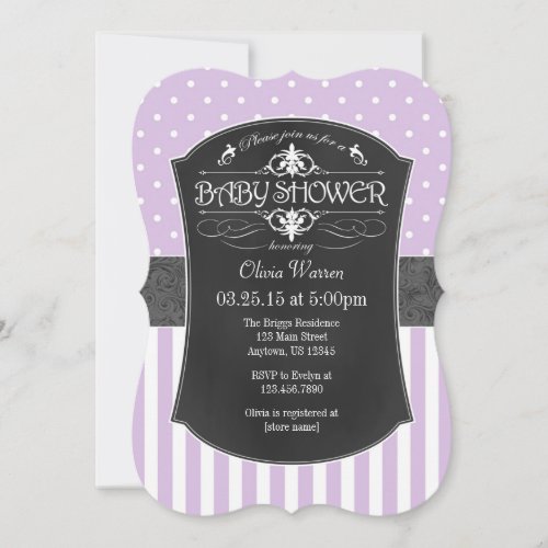 Lavender Gray Chalkboard Stripes Baby Shower Invitation