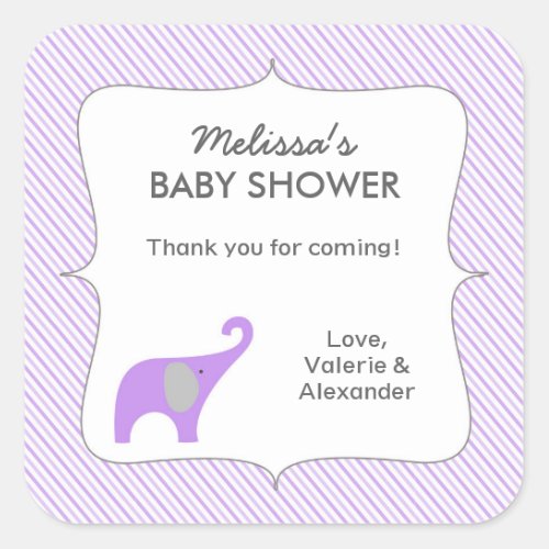 Lavender gray elephant baby shower favor thank you square sticker