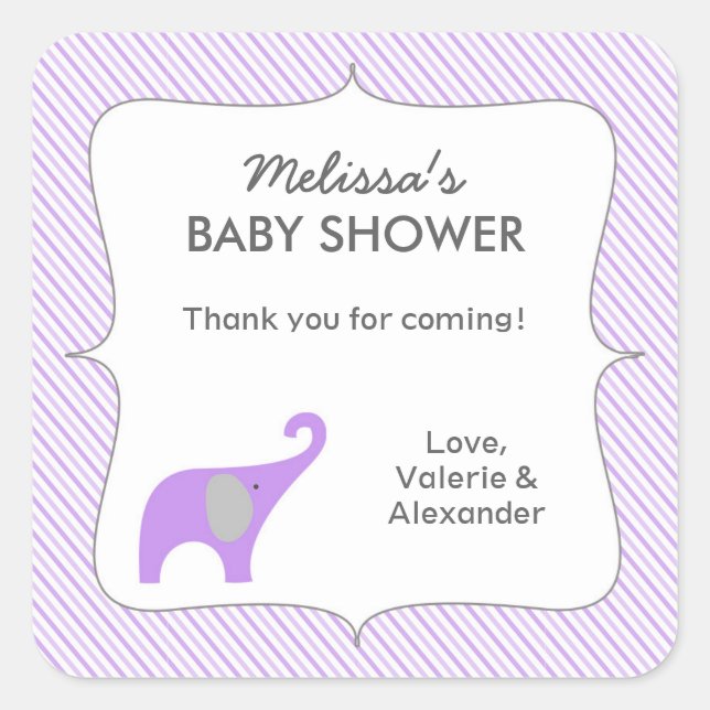 Lavender gray elephant baby shower favor thank you square sticker (Front)
