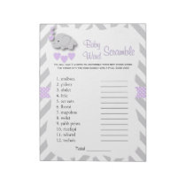 Lavender & Gray Elephant Baby Shower Word Game Notepad