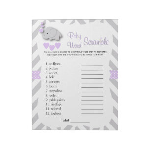 Lavender & Gray Elephant Baby Shower Word Game Notepad