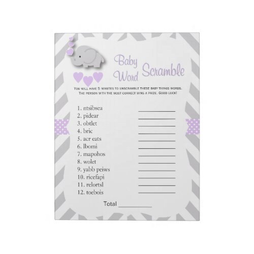 Lavender  Gray Elephant Baby Shower Word Game Notepad