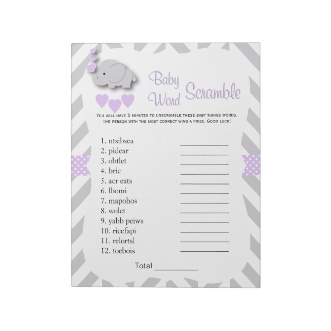 Lavender & Gray Elephant Baby Shower Word Game Notepad (Rotated)