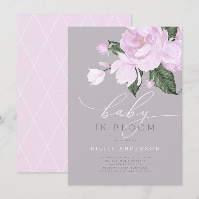 Lavender Gray Floral Baby Girl in Bloom Shower Invitation (Front/Back)