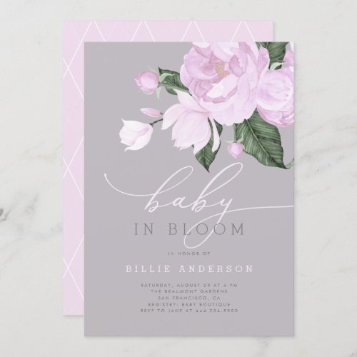 Lavender Gray Floral Baby Girl in Bloom Shower Invitation