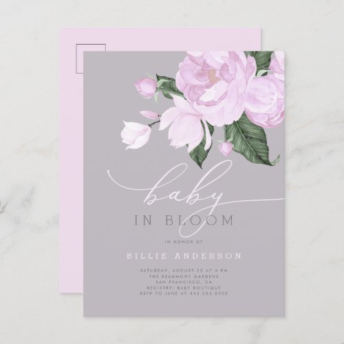 Lavender Gray Floral Baby Girl in Bloom Shower Invitation Postcard