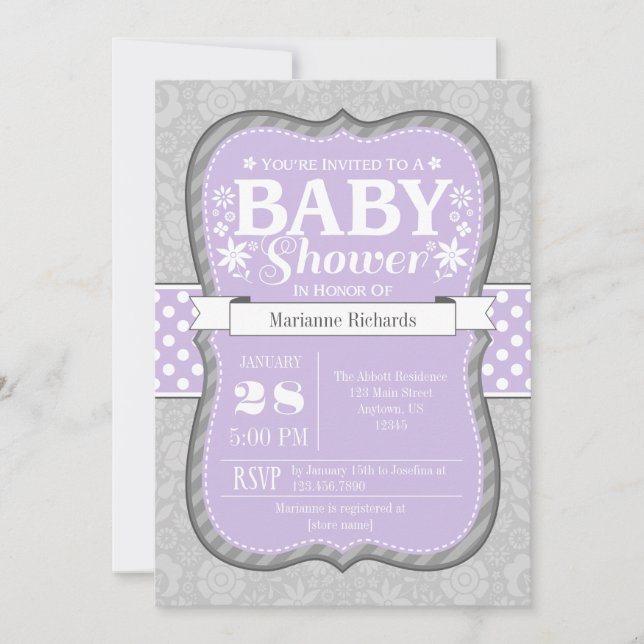 Lavender Gray Floral Flower Baby Shower Invitation (Front)