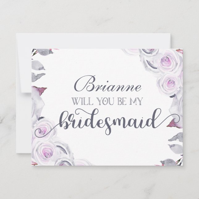 Lavender & Gray Floral Will You Be My Bridesmaid Invitation (Front)