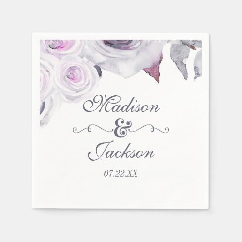 Lavender  Gray Floral Wreath Monogram Wedding Paper Napkins
