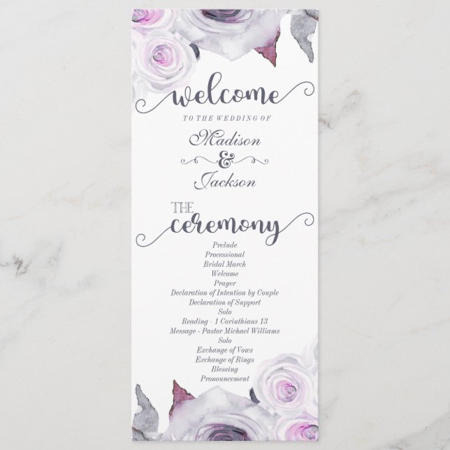 Lavender & Gray Floral Wreath Wedding Program (Front)