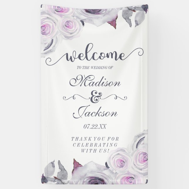 Lavender & Gray Floral Wreath Wedding Welcome Banner (Vertical)