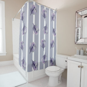 Lavender Gray Flower Bud on Gray Stripes Shower Curtain