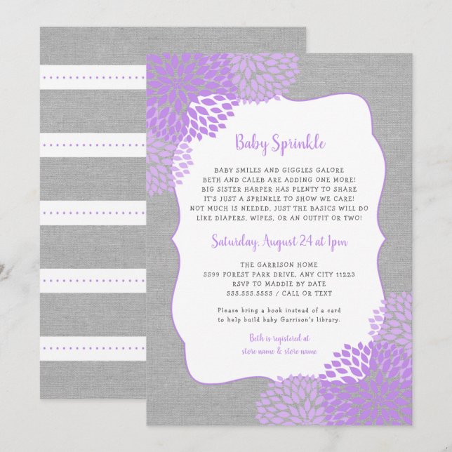 Lavender Gray Girl Baby Sprinkle invitation (Front/Back)