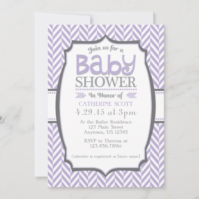 Lavender Gray Herringbone Baby Shower Invitations (Front)