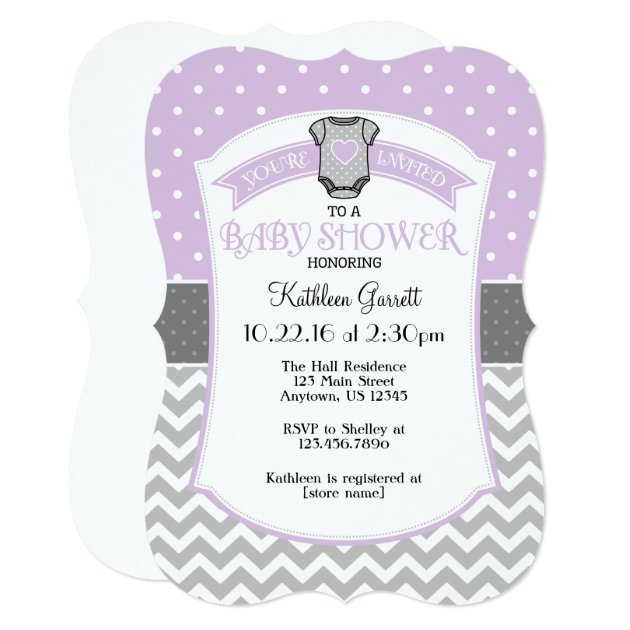 Lavender Gray Polka Dot Chevron Baby Shower Invite