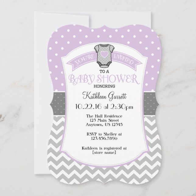 Lavender Gray Polka Dot Chevron Baby Shower Invite (Front)