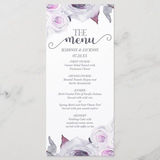 Lavender & Gray Rose Floral Wreath Wedding Menu (Front)