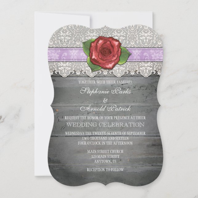 Lavender Gray Rustic Wood Rose Wedding Invite (Front)
